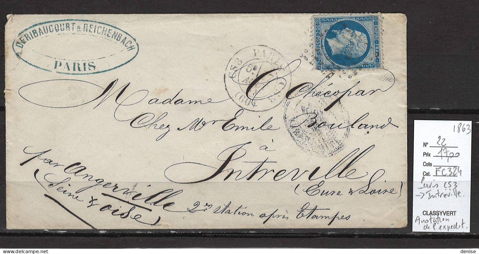 France - Lettre  Paris Bureau CS3 + Pour Intréville - Eure Et Loir - 1863 - Yvert 14 - 1849-1876: Classic Period