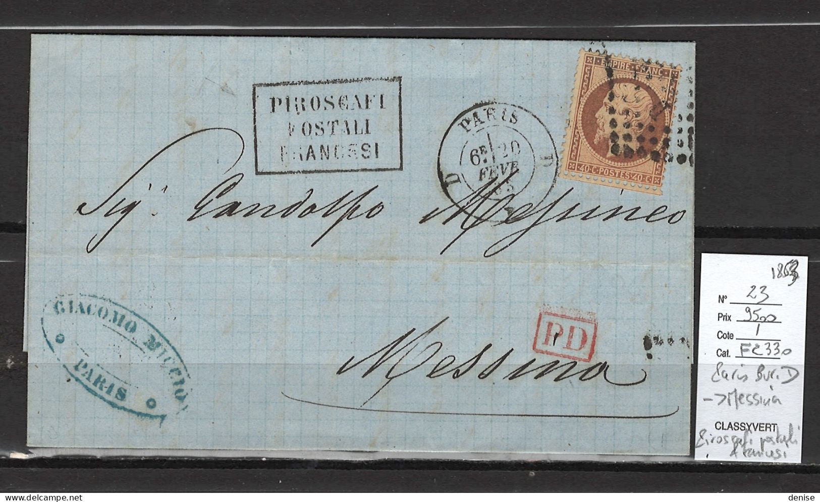 France -Lettre Paris - Bureau D Pour Messine - Italie - 1863 - Yvert 23 - Piroscafi Postali Francesi - Schiffspost