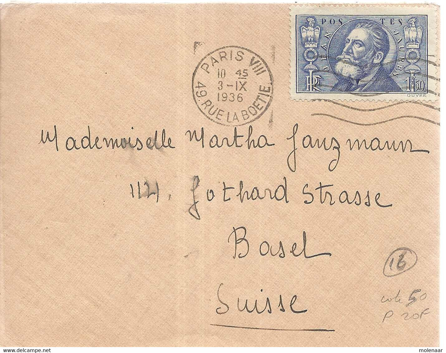 Frankrijk Brief Uit 1936 Met Stampworld No. 318 (8018) - Lettres & Documents