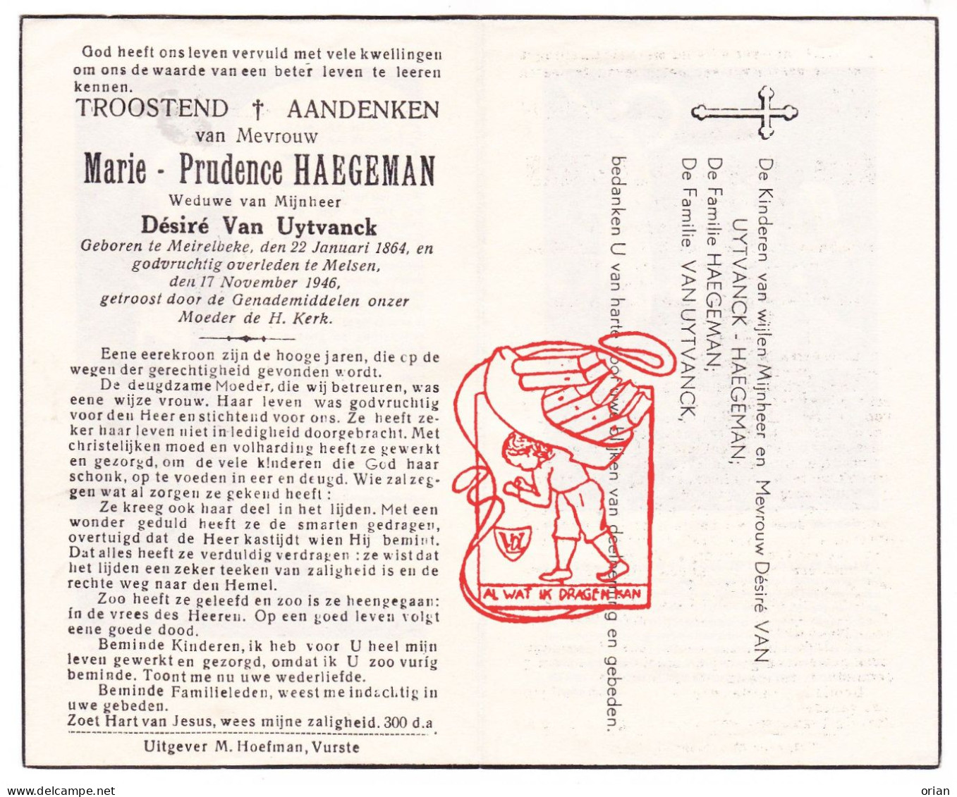 DP Marie Prudence Haegeman ° Merelbeke 1864 † Melsen 1946 X Désiré Van Uytvanck - Devotion Images