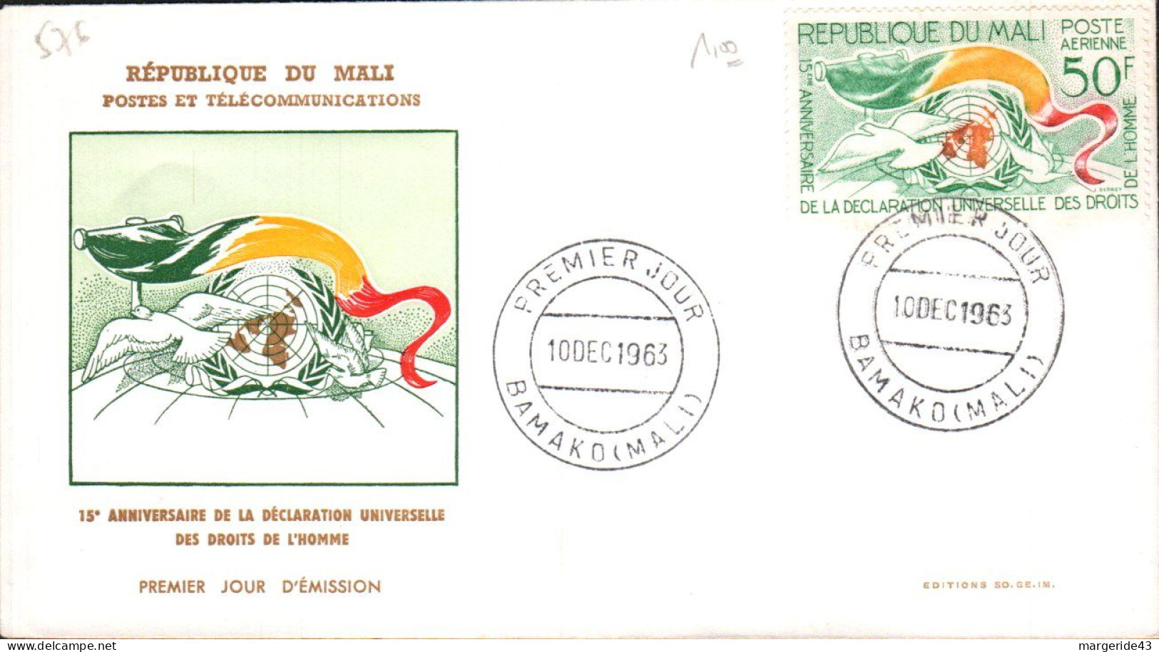 MALI FDC 1963 15 DROITS DE L'HOMME - Mali (1959-...)