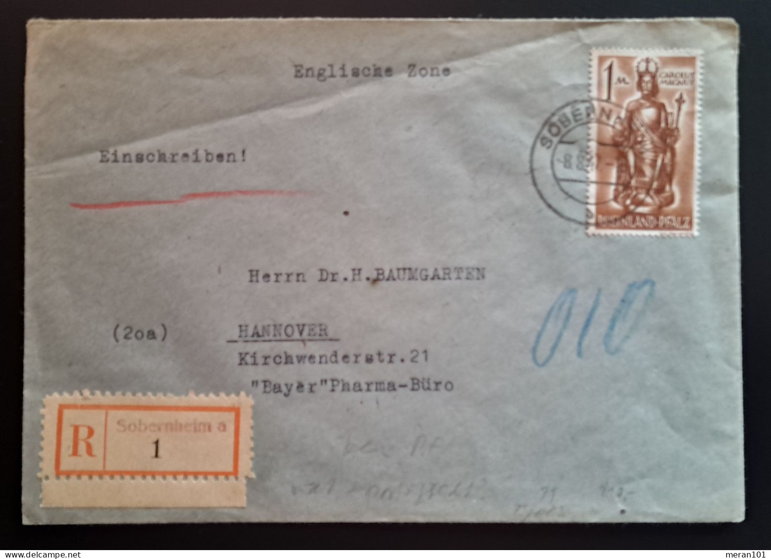 Rheinland Pfalz, Einschreibe-Brief Sobernheim 8.8.47 Nach Hannover, Mi 13 - Rijnland-Palts