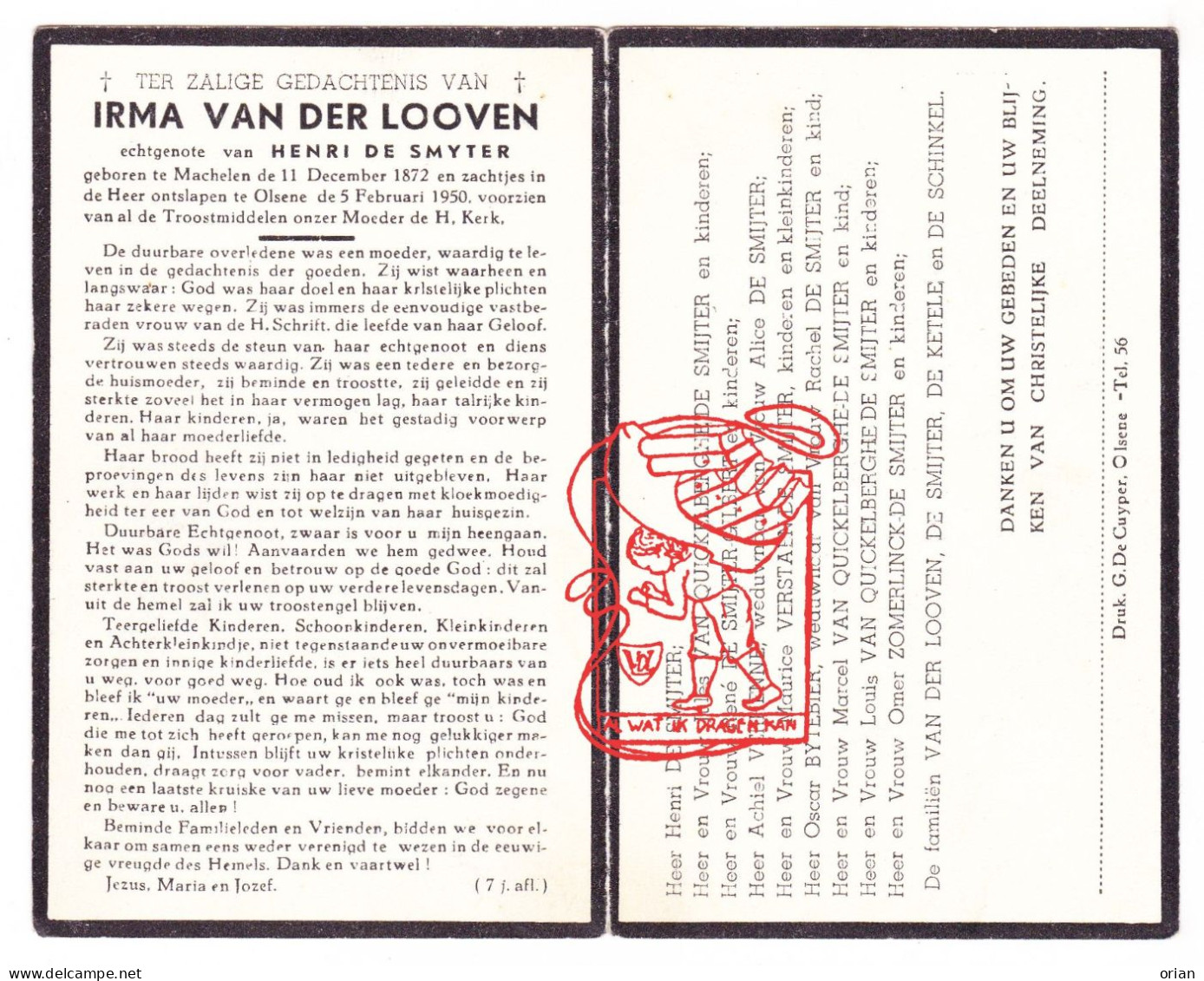 DP Irma Van Der Looven ° Machelen Zulte 1872† Olsene 1950 De Smijter Quickelberghe Verhenne Bytebier Zomerlinck Schinkel - Devotion Images