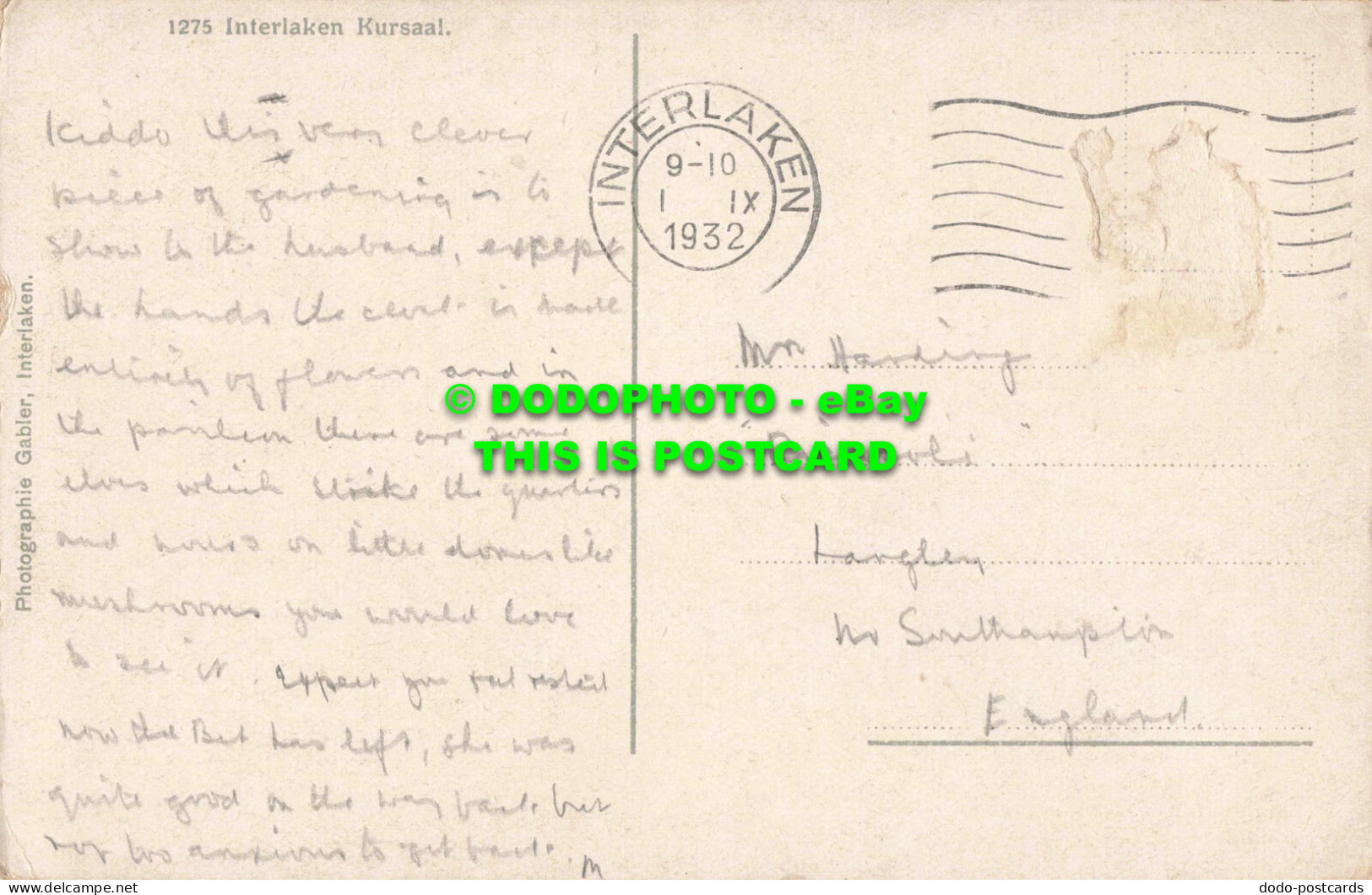 R559857 Interlaken Kursaal. Gabler. Postcard. 1932 - Mundo