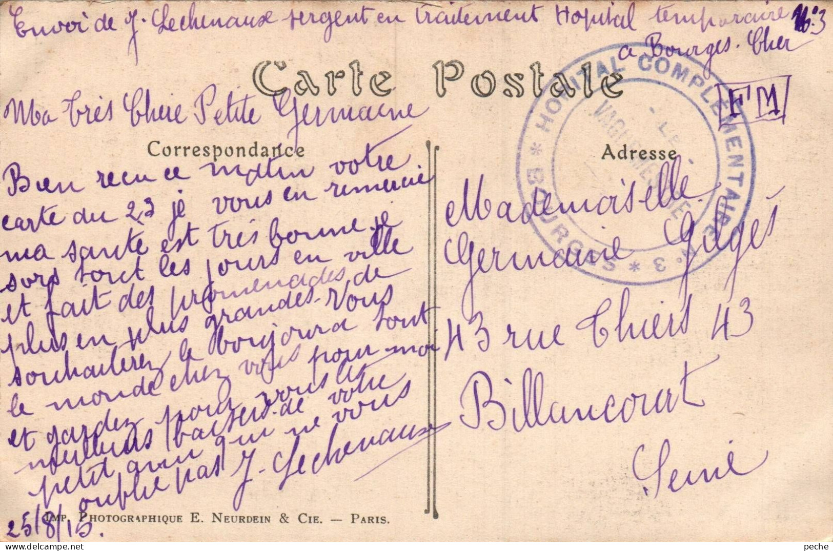 N°1322 W -cachet Hôpital Complémentaire N°3 -Bourges- - Guerra Del 1914-18