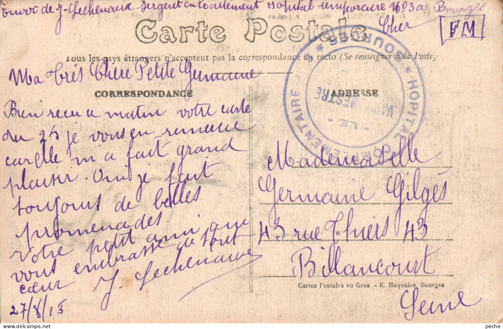 N°1323 W -cachet Hôpital Complémentaire N°3 -Bourges- - WW I