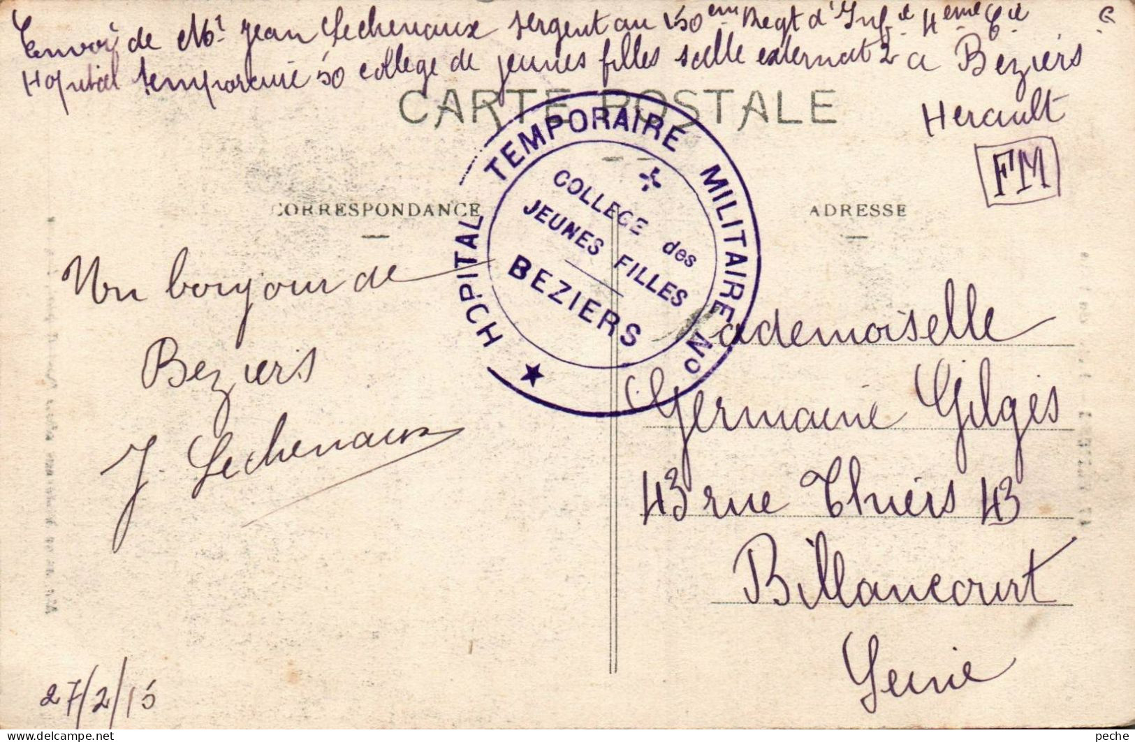 N°1324 W -cachet Hôpital Temporaire Militaire N° -Béziers- - Guerre De 1914-18