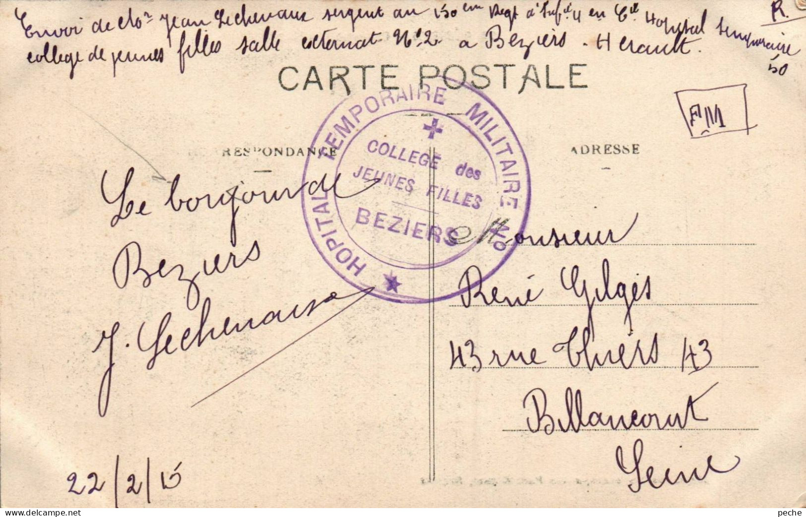 N°1325 W -cachet Hôpital Temporaire Militaire N° -Béziers- - Guerra Del 1914-18