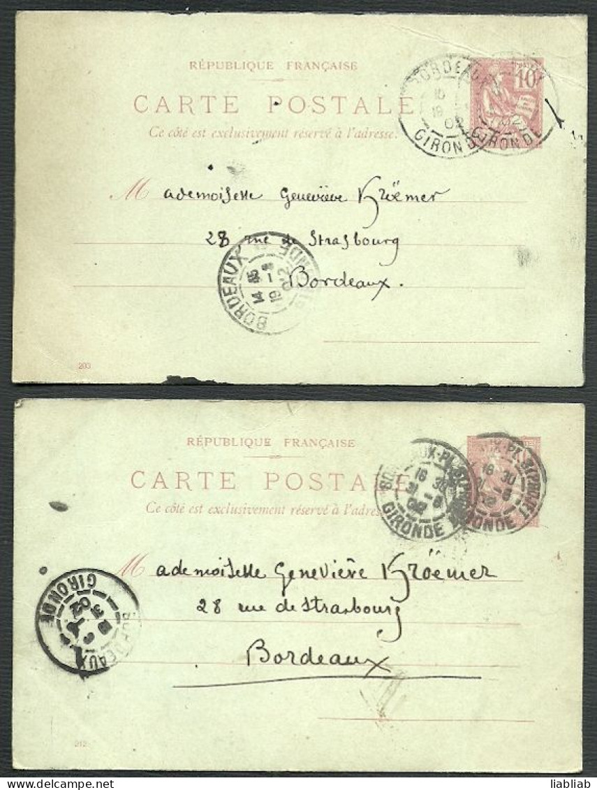 ENTIERS POSTAUX - 2 CARTES POSTALES - De 1902 - TYPE MOUCHON - Tarjetas Precursoras
