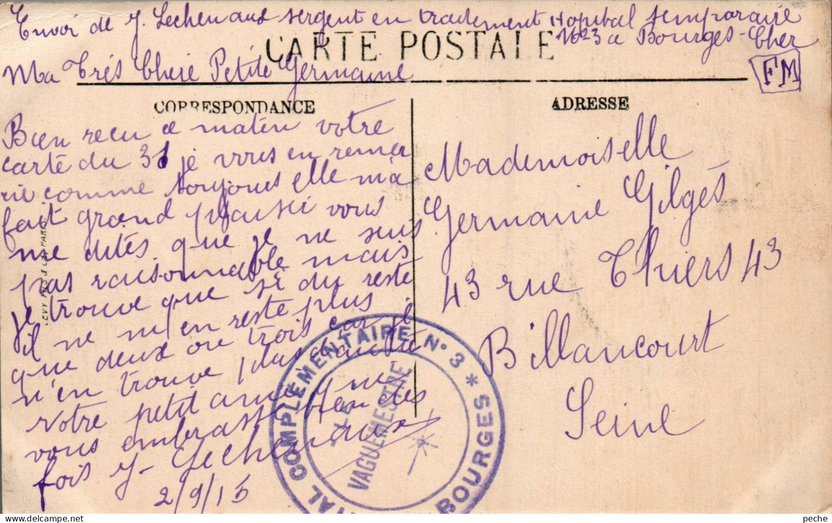 N°1326 W -cachet Hôpital Complémentaire Bourges N°3- - Guerre De 1914-18
