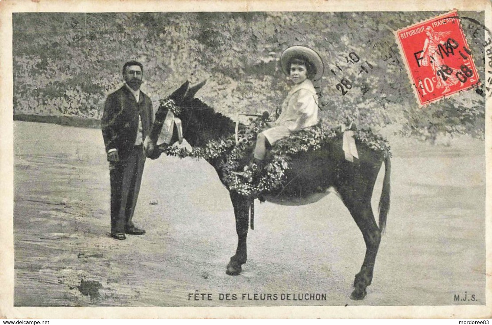 SEMEUSE 10C SURCH FM SUR CPA LUCHON FETE DES FLEURS 28/11/1908 POUR DIJON - Military Postage Stamps