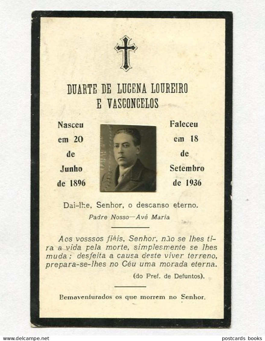 DUARTE LUCENA LOUREIRO E VASCONCELOS, Natural PORTO. Cartão De Funeral / Morte. Memento Decés Avec Photo 1936 Portugal - Devotieprenten