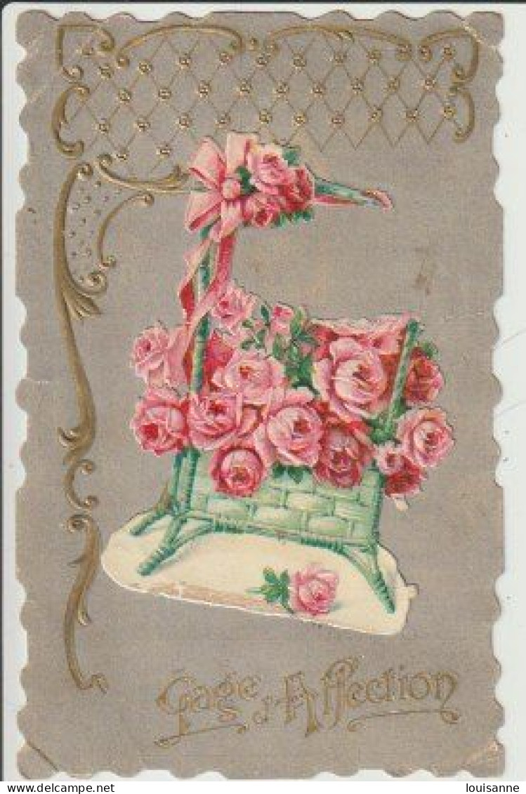 ROSES   EN  DÉCOUPIS  GAUFRÉS    -C P A  GARNIE  DE  DORURES   ( 24 / 4 / 158  ) - Blumen