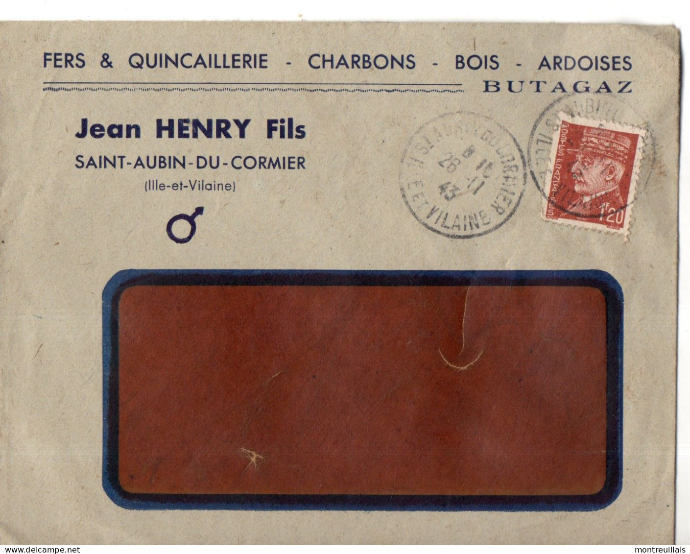 Enveloppe De 1943, Henry De SAINT-AUBIN-DU -CORMIER, (35), Timbre Pétain, 1,20 Francs, Charbon, Bois, Ardoises - Otros & Sin Clasificación