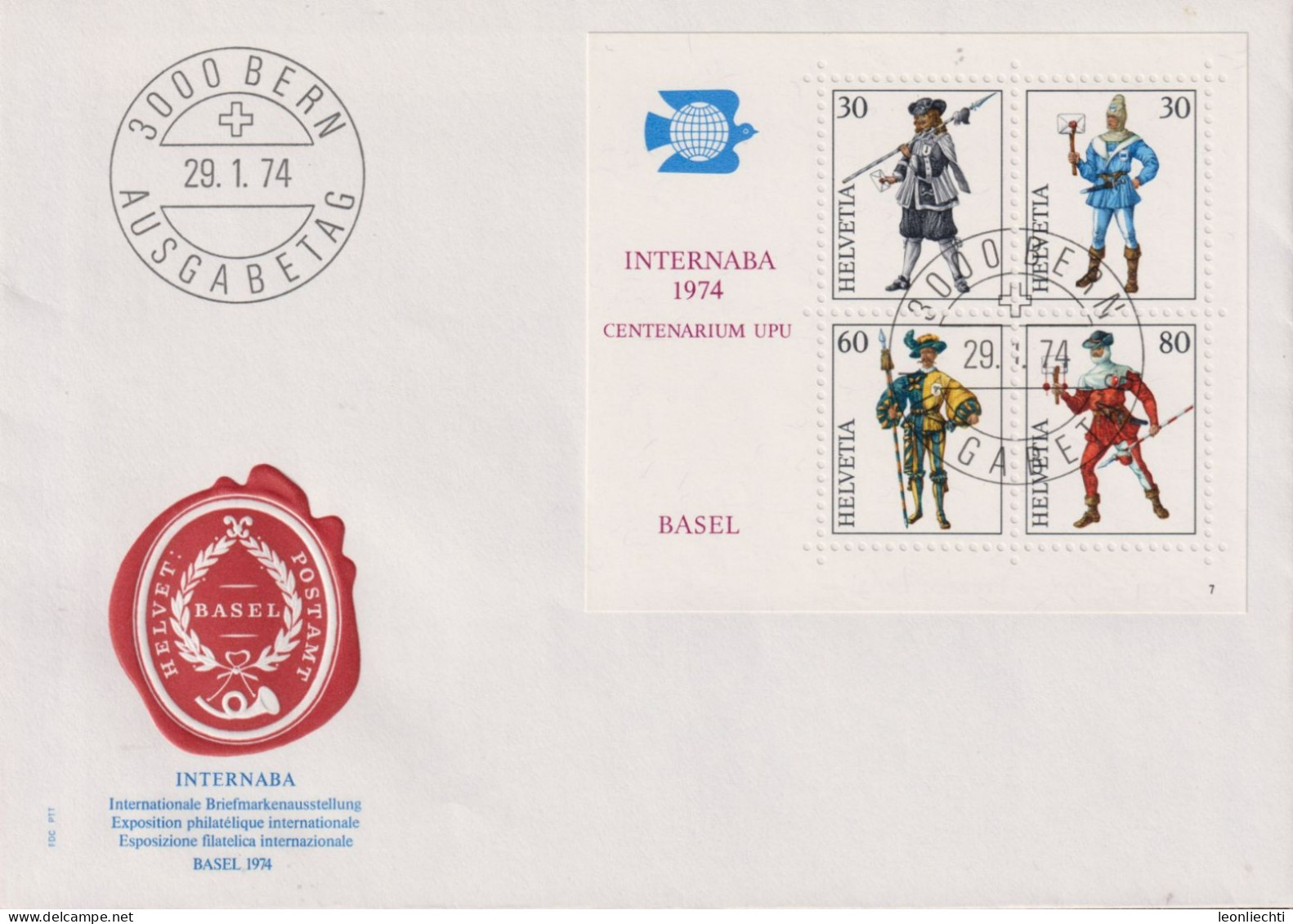 1974 Schweiz FDC INTERNABA Basel, Zum:CH W50, Mi:CH Bl.22 Gedenkblock: Postboten Basel, Zug, Uri, Schwyz - FDC