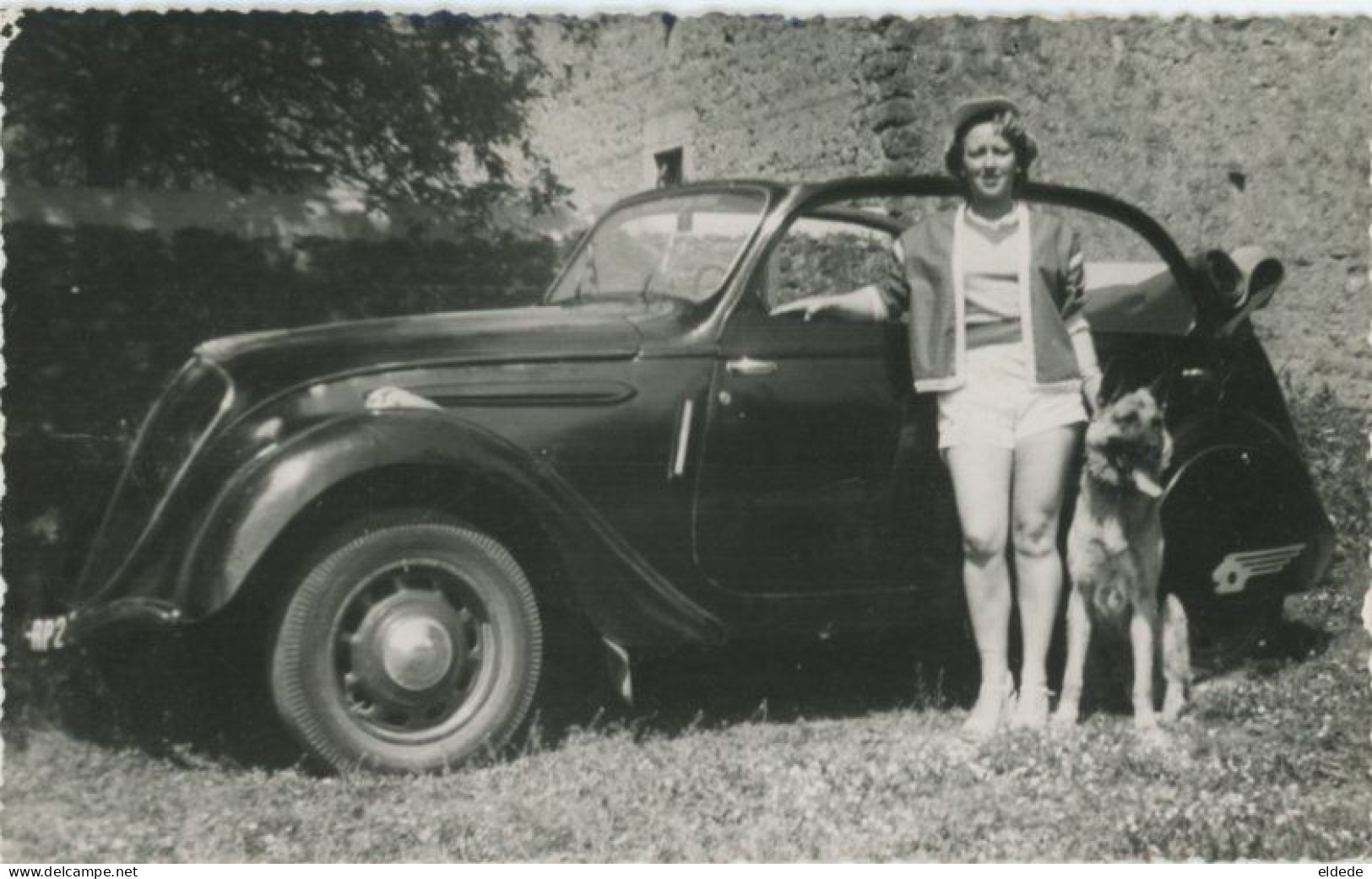Real Photo Sexy Girl With German Shepherd Near A Convertible Peugeot 202 . Peugeot Décapotable Berger Allemand - PKW