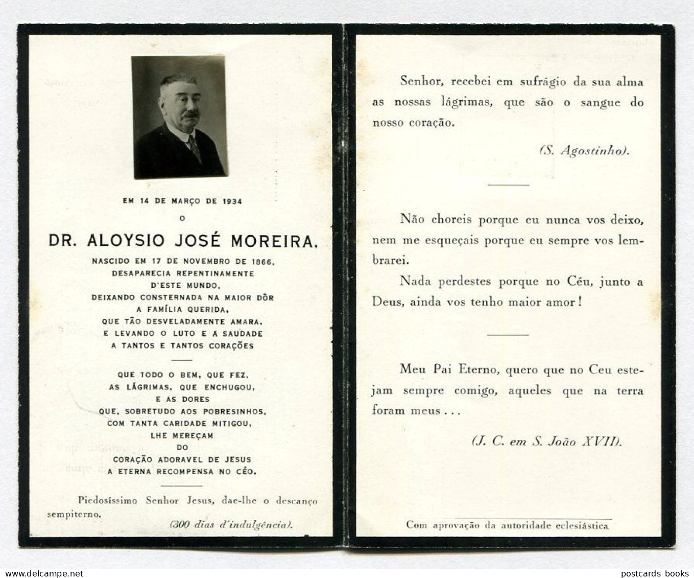 Dr.ALOYSIO JOSE MOREIRA, Natural Do PORTO. Cartão De Funeral / Morte. Memento Decés Avec Photo 1934 Portugal - Santini
