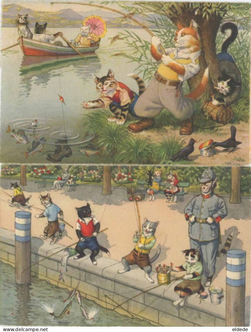 2 Cards Humanized Cats Angling . Policeman . Fishing . 2 CP Chats Humain à La Peche Policier - Dressed Animals