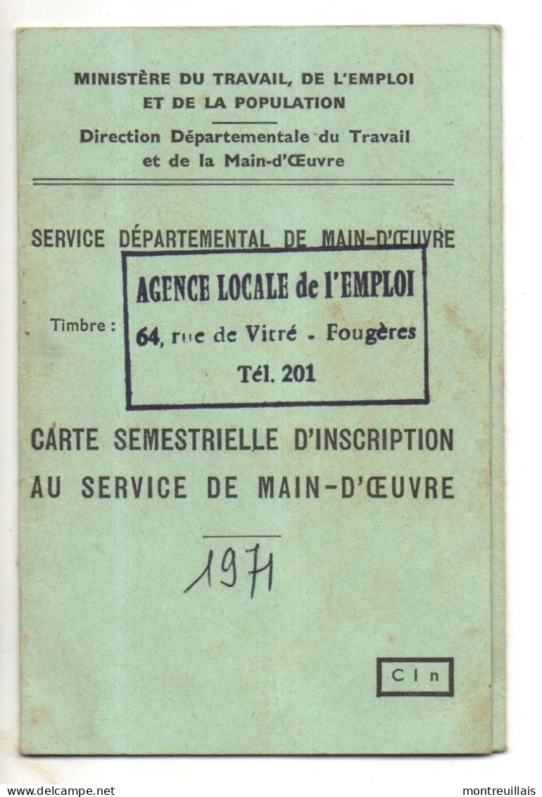 Carte D'inscription Service Main D'oeuvre, Ministère Du Travail, 1971, 3 Volets, Agence Locale De L'emploi - Ohne Zuordnung