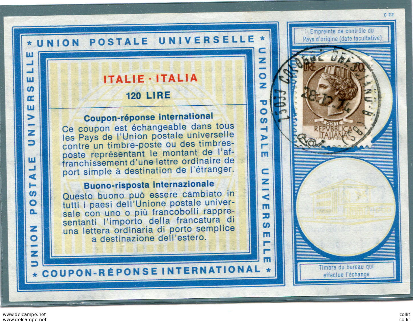 Siracusana Lire 20 N. 1072 Usato Su Coupon Reponse Internazionale - 1946-60: Marcophilie