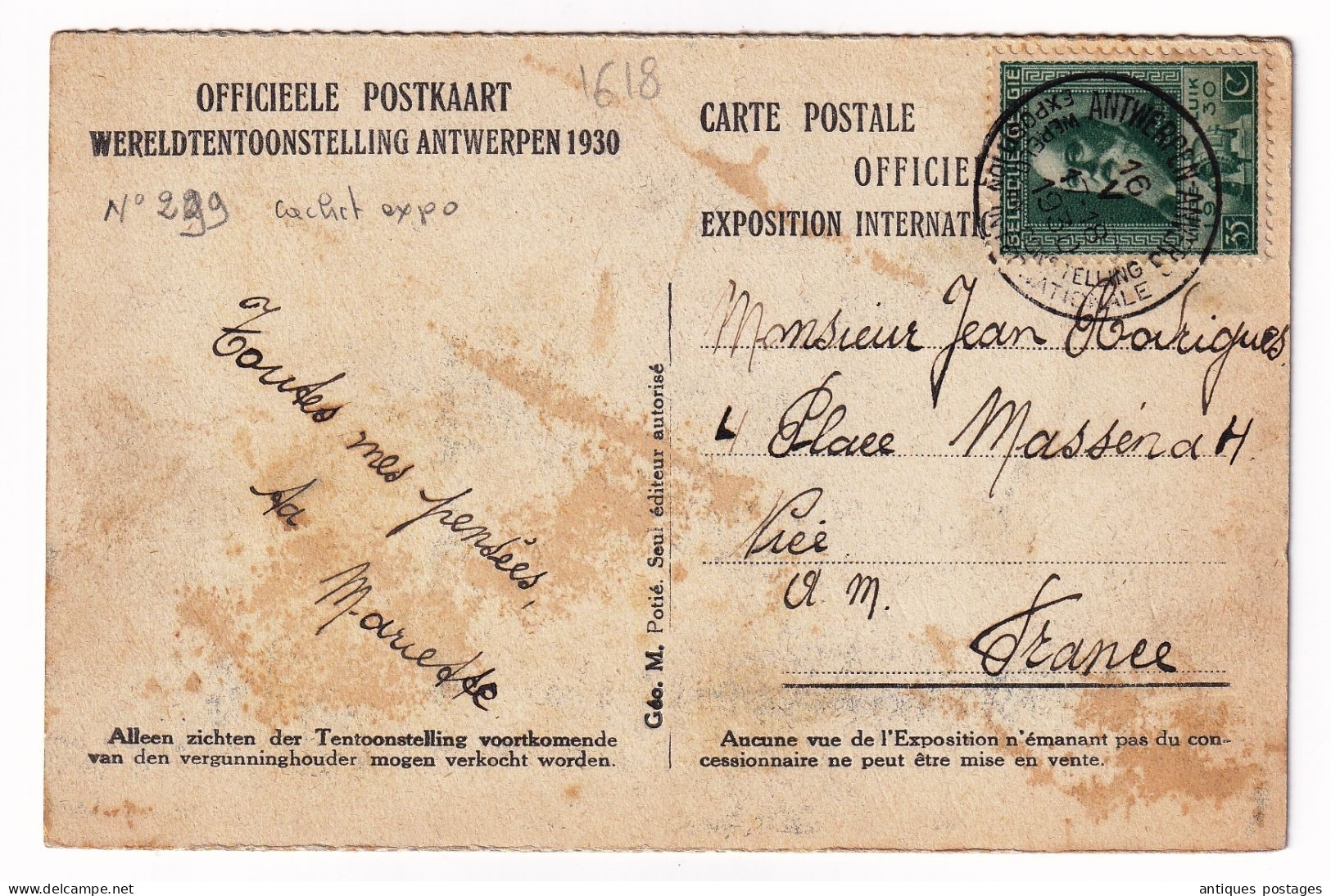 Carte Postale Officielle Exposition Internationnale Anvers Antwerpen Belgique 1930 Cachet De L'Exposition - Briefe U. Dokumente