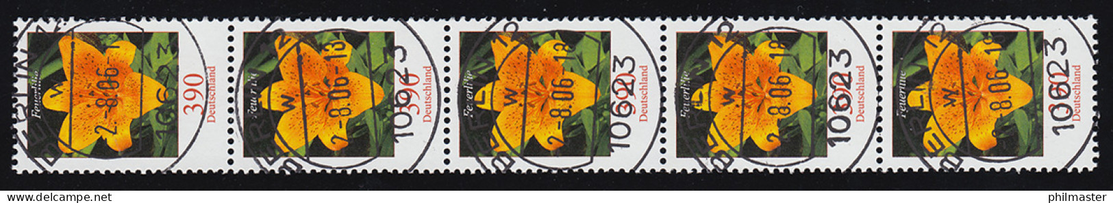 2534 Feuerlilie Als 5er-Streifen Mit VS-O BERLIN 2.8.06 Mit Nummer 195 - Rollenmarken