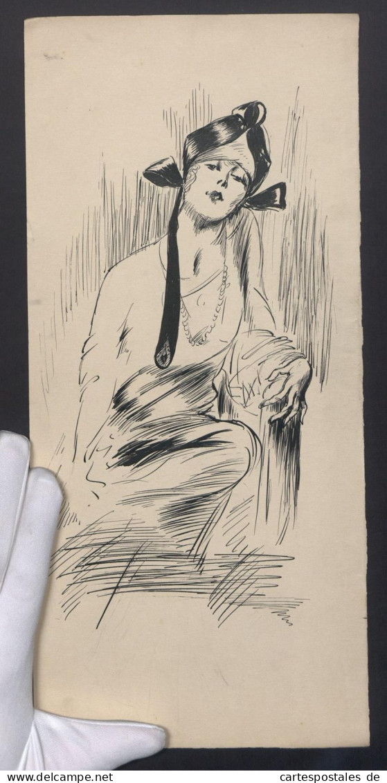 Handzeichnung Junge Dame Im Leichten Kleid Mit Halskette Und Kopftuch, 17 X 37cm  - Drawings