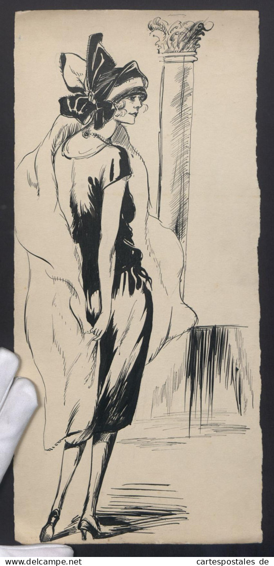 Handzeichnung Elegante Dame Im Abendkleid Mit Pelzmantel Und Schleifenhut, 17 X 37cm  - Zeichnungen