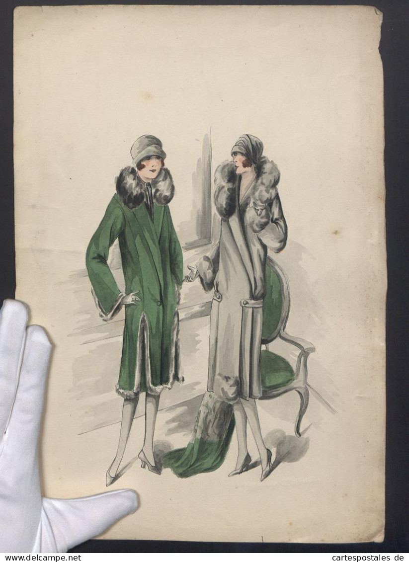 Handzeichnung Zwei Damen In Eleganten Winterkleidern Mit Pelzkragen, Handkoloriert, Trockenstempel Schoellershammer  - Drawings