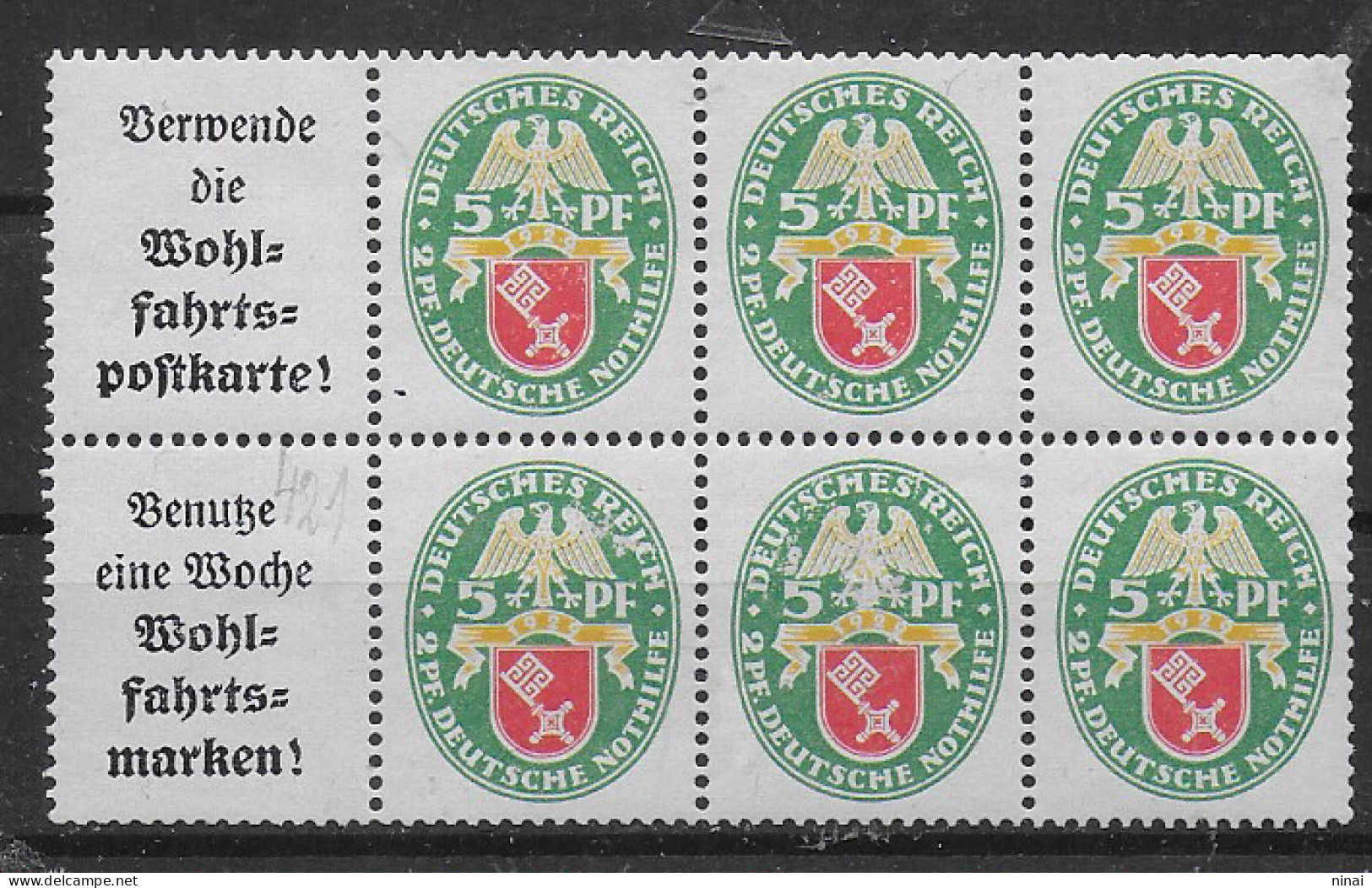 GERMANIA WEIMAR 1929 " STEMMA DI BREMA " BLOCCO DI 6 VALORI CON APPENDICI  ** MNH LUSSO   C2018 - Ungebraucht