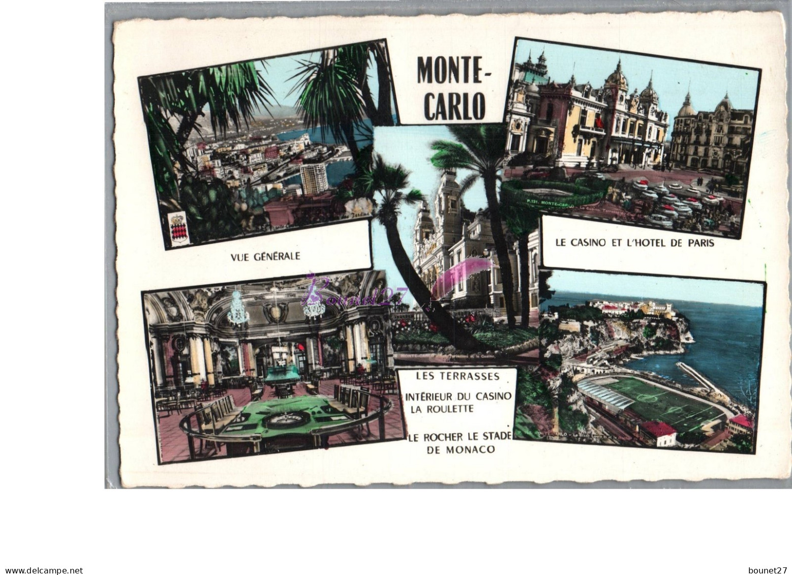 MONACO - MONTE CARLO - Vue Generale Casino Hotel De Paris Terrasse Stade Roulette Tampon Au Dos Carte Vierge - Monte-Carlo