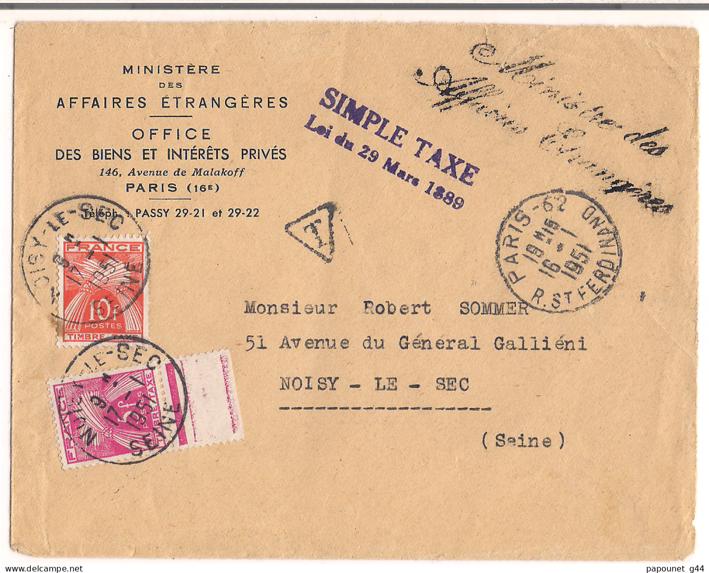 Lettre 1951  Simple Taxe ( Griffe Ministère Des Affaires Etrangères ) Destination ( Noisy - Le - Sec) - 1859-1959 Covers & Documents