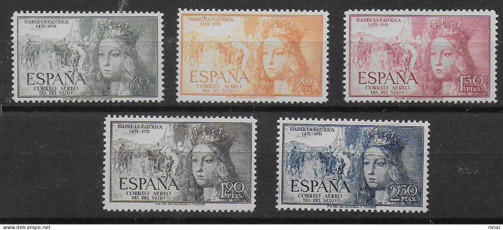 SPAGNA 1951 POSTA AEREA ** MNH LUSSO " ISABELLA " SERIE DI 5 VALORI INTEGRI   C2017 - Unused Stamps