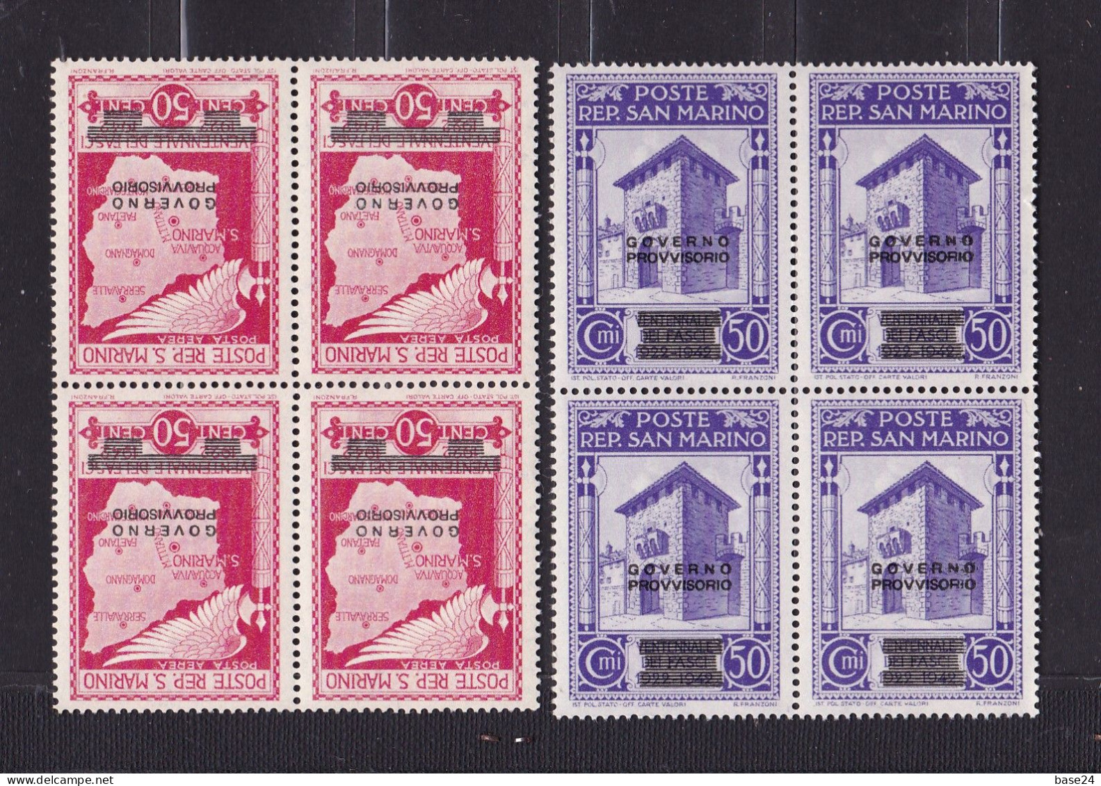 1943 San Marino Saint Marin GOVERNO PROVVISORIO POSTA AEREA 8 Val.: 50 Cent + 50 Cent In Quartina MNH** AIR MAIL Block 4 - Poste Aérienne