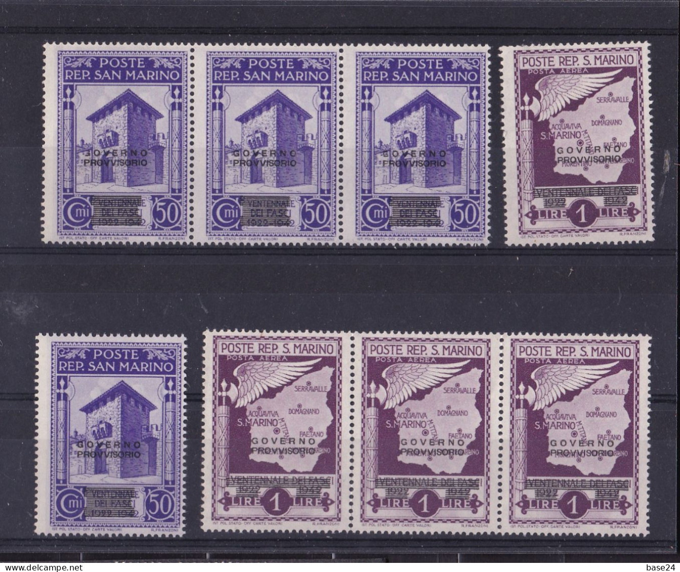 1943 San Marino Saint Marin GOVERNO PROVVISORIO POSTA AEREA 8 Valori: 50 Cent (x 4) + 1 Lira (x 4) MNH** AIR MAIL - Airmail
