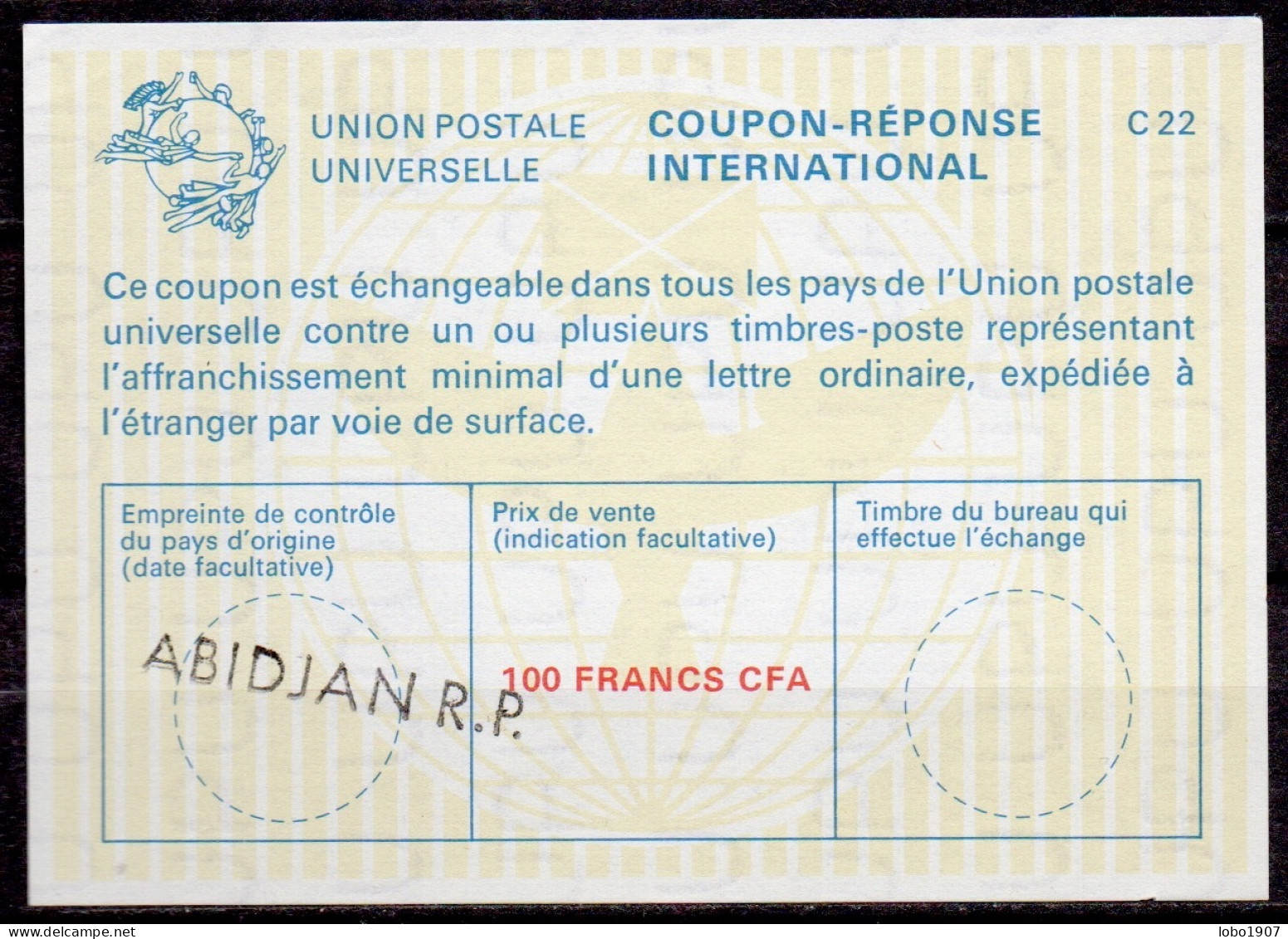 CÔTE D'IVOIRE IVORY COAST  La23A 100 FRANCS CFA  Int. Reply Coupon Reponse Antwortschein IRC IAS O ABIDJAN R.P. - Ivoorkust (1960-...)