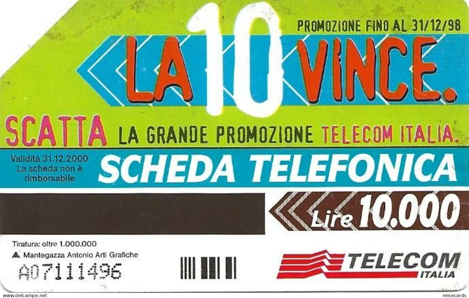 Italy: Telecom Italia - La 10 Vince, Cappellino (A) - Públicas  Publicitarias