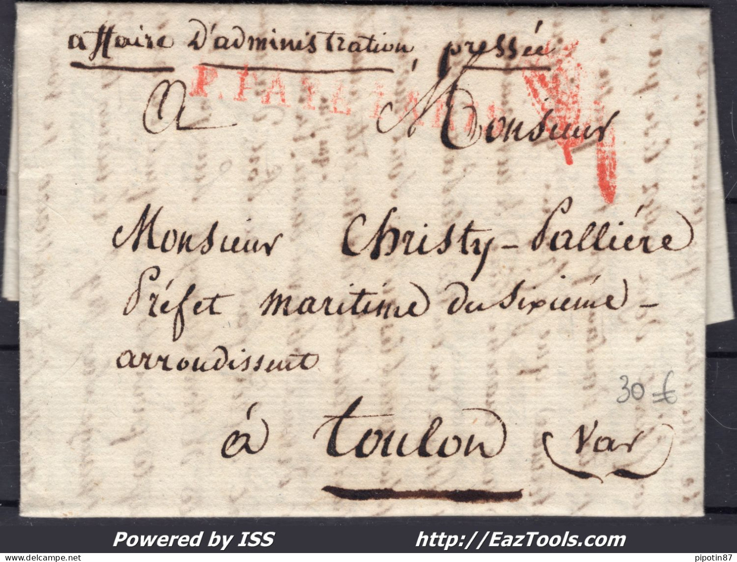FRANCE MARQUE POSTALE AVEC GRIFFE ROUGE P.PAYÉ PARIS + GRIFFE DE VÉRIFICATION - 1801-1848: Précurseurs XIX