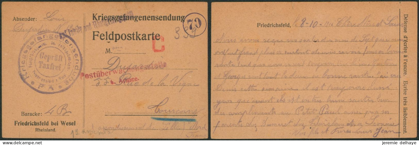 CP "Kriegsgefangenenpost" Expédié Du Camp De Friedrichsfeld Bei Wesel + Gepruft Taxfrei > Tourcoing (Nord). - 1. Weltkrieg 1914-1918