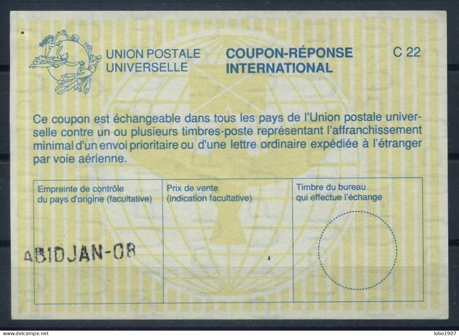 CÔTE D'IVOIRE IVORY COAST  La26  International Reply Coupon Reponse Antwortschein IRC IAS O ABIDJAN 08 - Ivoorkust (1960-...)