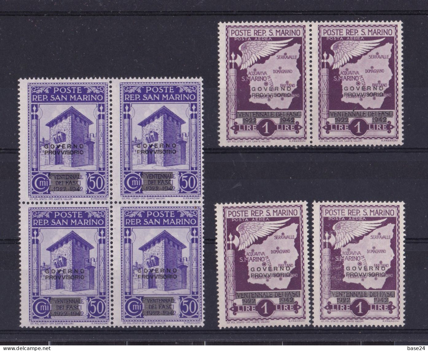 1943 San Marino Saint Marin GOVERNO PROVVISORIO POSTA AEREA 8 Valori: 50 Cent (x 4) + 1 Lira (x 4) MNH** AIR MAIL - Luftpost