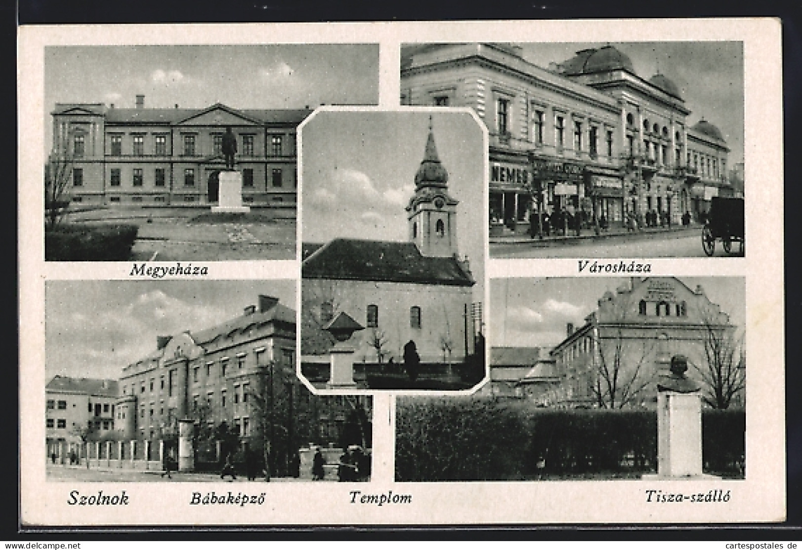AK Szolnok, Megyeháza, Városháza, Bábaképzö, Tisza-szálló  - Ungarn