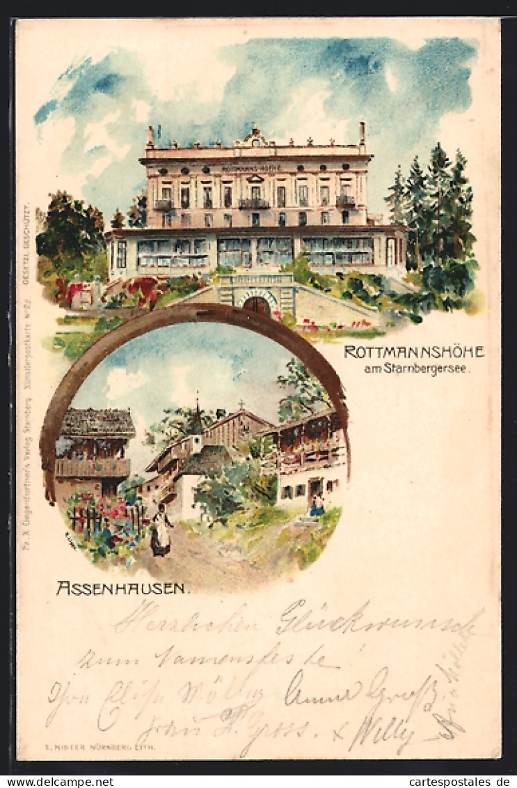Lithographie Assenhausen / Starnberger See, Rottmannshöhe Am Starnbergersee Und Ortspartie  - Starnberg
