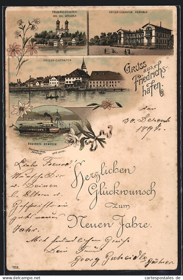 Lithographie Friedrichshafen, Das Königliche Schloss, Das Kurhaus, Bodensee-Dampfer  - Friedrichshafen