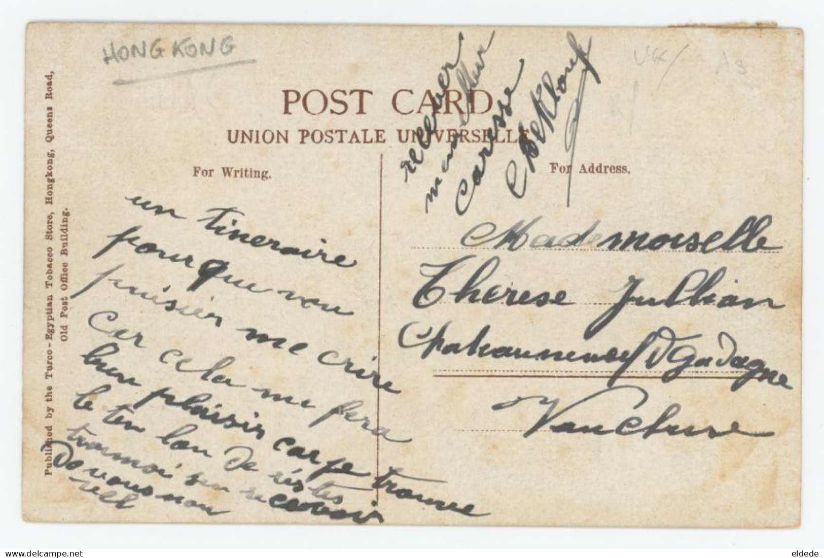 Hand Colored Hongkong Queen's Road West  Ship Postmark To Chateauneuf Gadagne Vaucluse - Cina