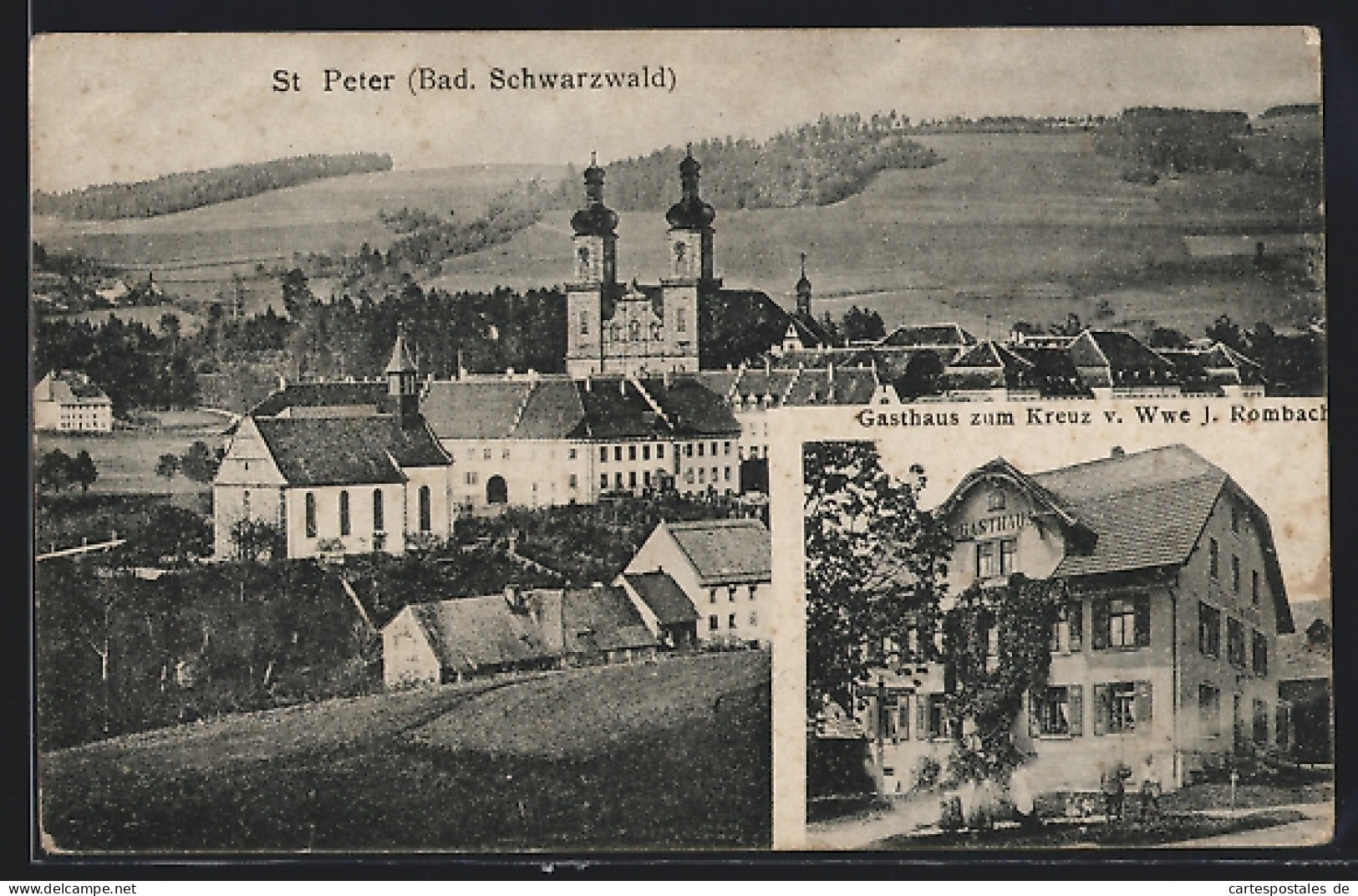 AK St. Peter /Bad. Schwarzwald, Gasthaus Zum Kreuz V. Wwe. J. Rombach, Ortsansicht Mit Der Kirche  - Autres & Non Classés