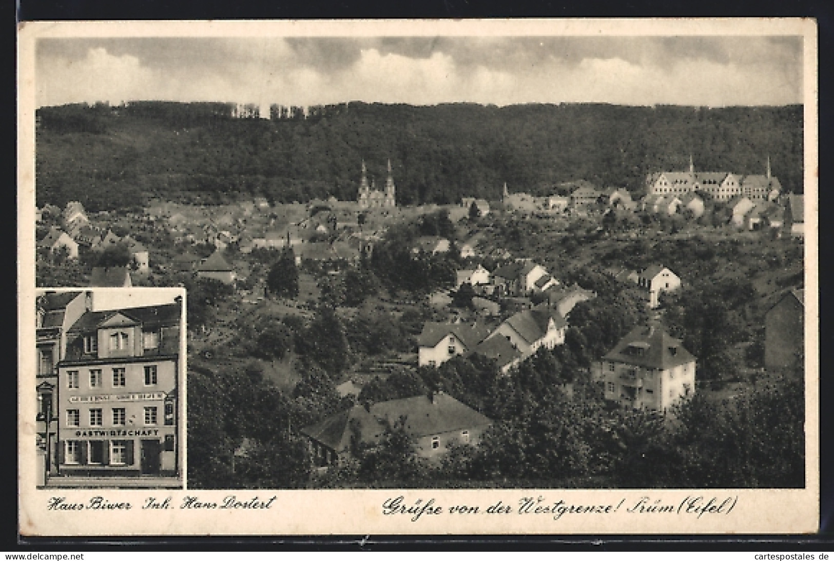 AK Prüm /Eifel, Das Gasthaus Biwer, Inh. Hans Dostert, Ortsansicht Aus Der Vogelschau  - Prüm