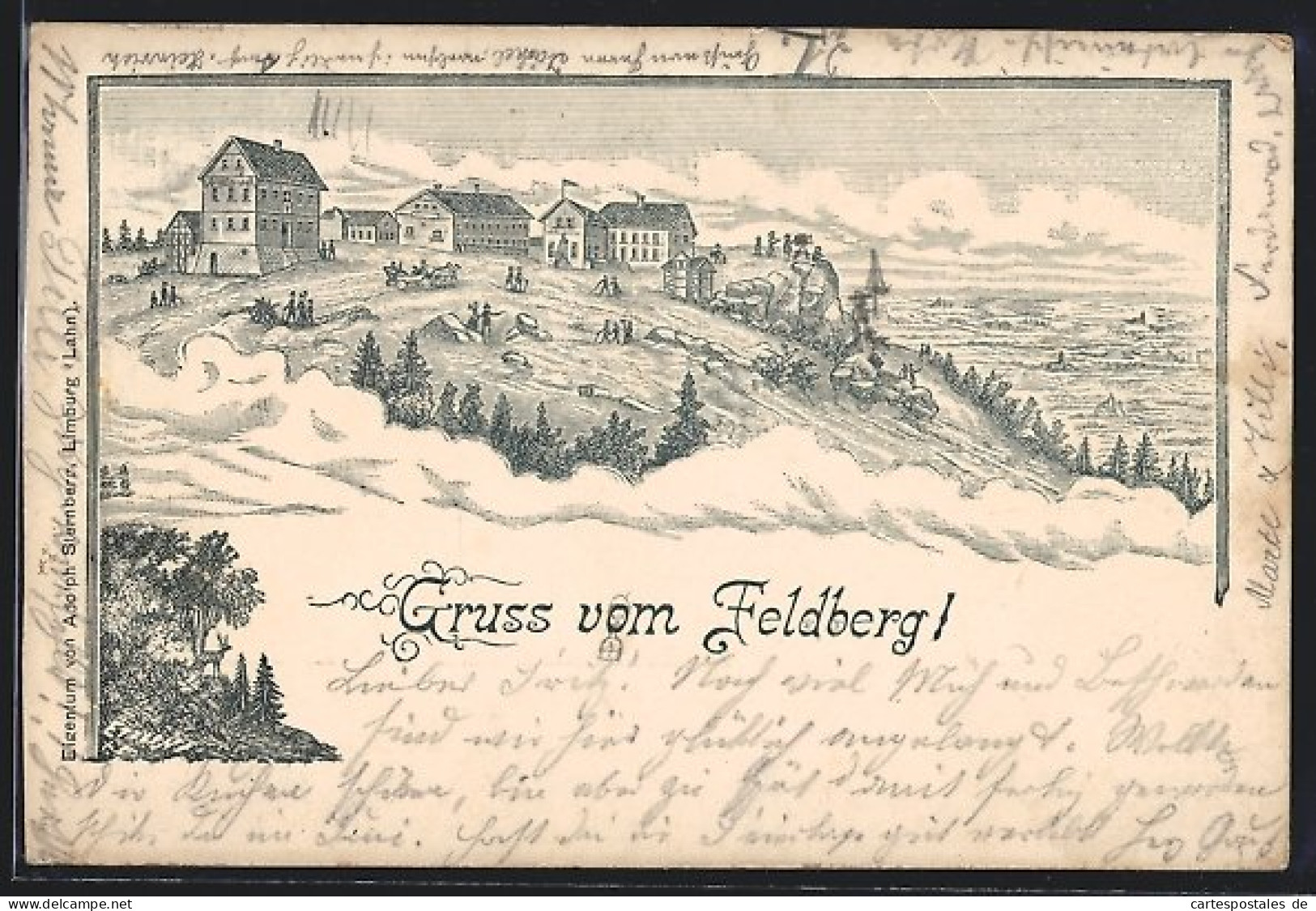 Lithographie Feldberg / Taunus, Panorama Mit Wanderern Und Berghütten  - Taunus