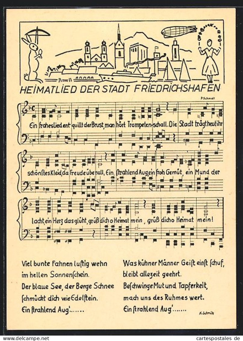 AK Friedrichshafen, Liedzeilen Und Noten Des Heimatliedes Der Stadt, Ortsansicht Mit Einem Zeppelin  - Luchtschepen