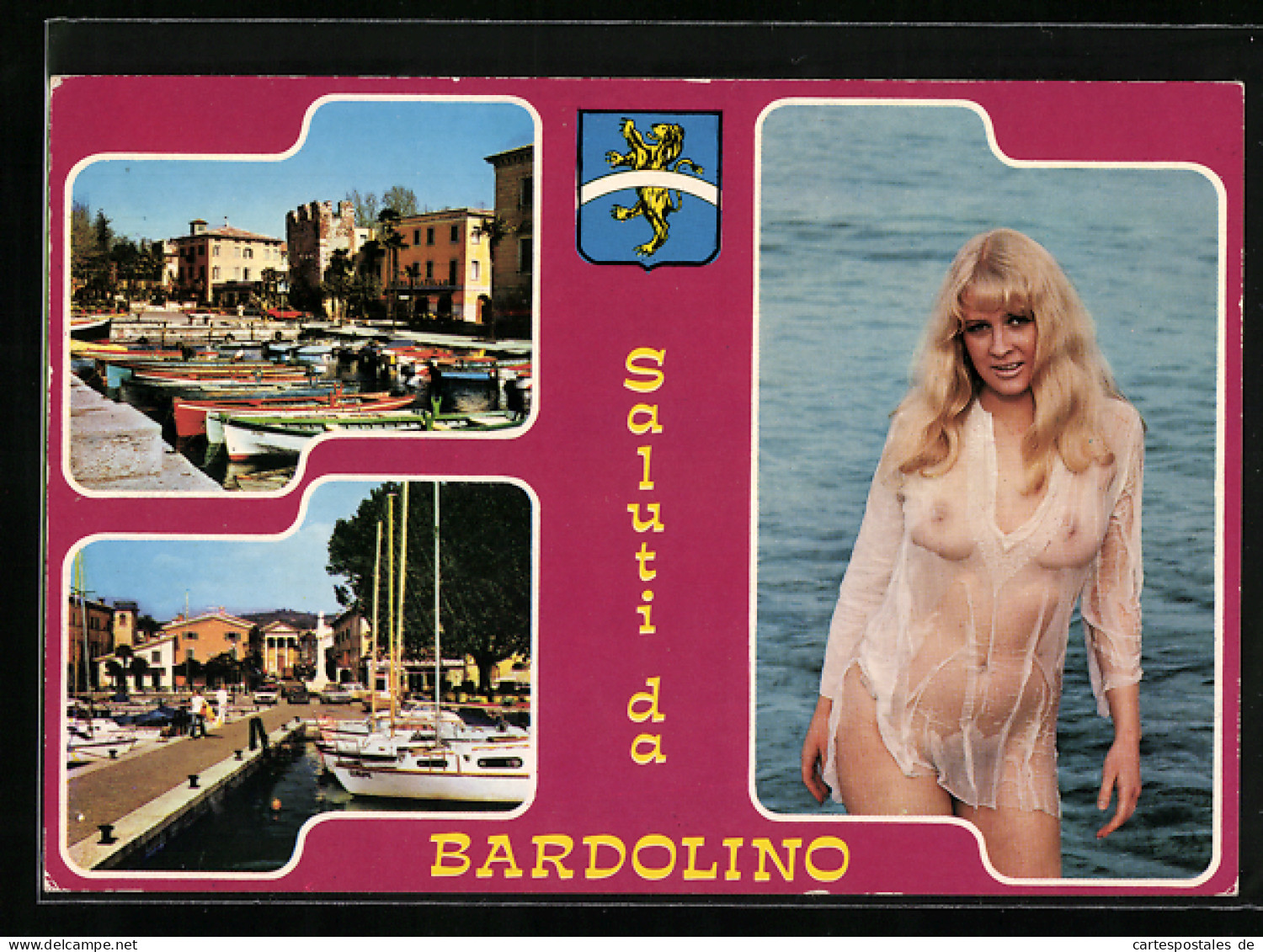 Cartolina Bardolino, Bootshafen, Frau In Nasser Transparenter Bluse  - Autres & Non Classés